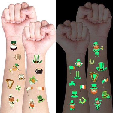 180 Pcs St. Patrick&rsquo;s Day Temporary Luminous Tattoos, 10 Sheets Shamrock Tattoos Sickers Waterproof Body Stickers, St. Patrick's Day Clover Tattoos for Kids, Irish Parade Party Favors Decoration(A)