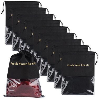 10 Packs Wig Storage Bags with Drawstring Hair Extensions Holder Hairpieces Carrier Organizer Dustproof Protector Pouch for Travel Daily Use (Large,Black)