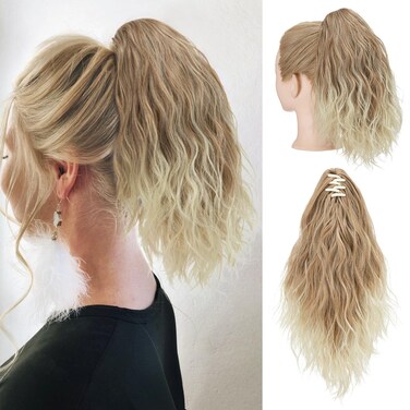 SARLA Claw Clip in Short Ponytail Extension 13 Inch Fluffy Synthetic Curly Wavy Pony Tail Hairpiece for Women Gloden Blonde and Beach Blonde Tips