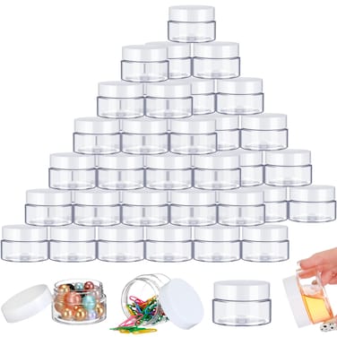 SATINIOR 200 Pcs 2 oz Empty Plastic Jars Round Clear Cosmetic Container Jars with Lids Small Makeup Clear Jars with Lids for Travel Storage Lotion Cream Eye Shadow Jewelry Paint Ointments Samples