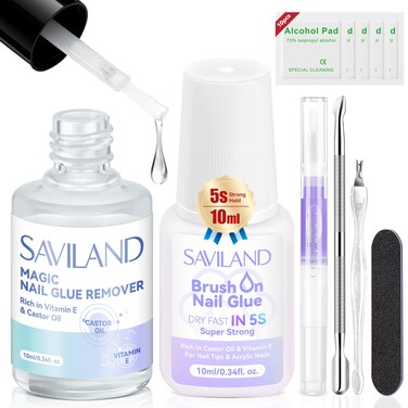 SAVILAND Nail Glue Remover With Nail Glues Cuticle Oil Pen for Press On Nails Glues 5s Dry Super Strong, Castor Oil VE Fast &amp; Gentle for Acrylics