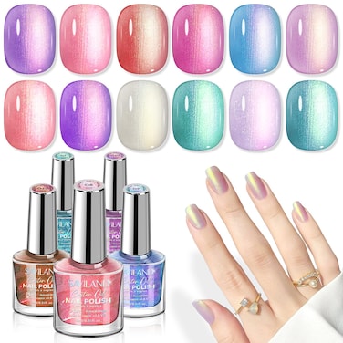 SAVILAND Aurora Nail Polish Set - 12 Shimmer &amp; Holographic Finishes (Glossy, Pearl, Duochrome),Quick-Dry Non-Gel Polish with Base &amp; Top Coat, Salon &amp; DIY Essentials for Manicures Pedicures &amp; Nail Art