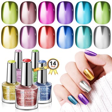 SAVILAND Metallic Nail Polish Set: 12 Colors Mirror Chrome Glitter Nail Polish 0.34oz Holographic Red Silver Pink Nail Polish Quick-Dry Base Top Polish Coat for Fingernail Toenail French Manicure Art