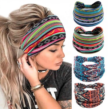 Boho Headband Stretchy Knotted Wide Hair Bands Leaf Turban Yoga Hair Accessories Hair Warps Scarf For Women 4 Pieces