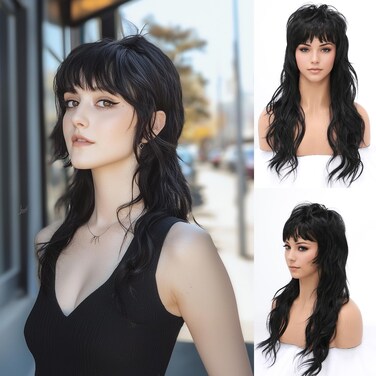 80s 90s Retro Black Mullet Wigs Pixie Cut Wigs with Bangs for Women Wolf Cut Wig Long Synthetic Black Wavy Costumes Cosplay Hair Wig for Women at Party(22 Inch)