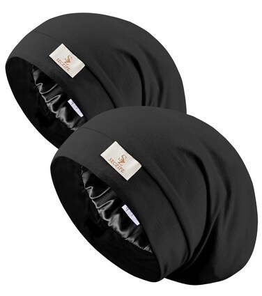 2pcs Silk Satin Bonnet Hair Wrap for Sleeping, Adjustable Strap Curly Natural Hair Night Caps for Women Men(Black&amp;Black)
