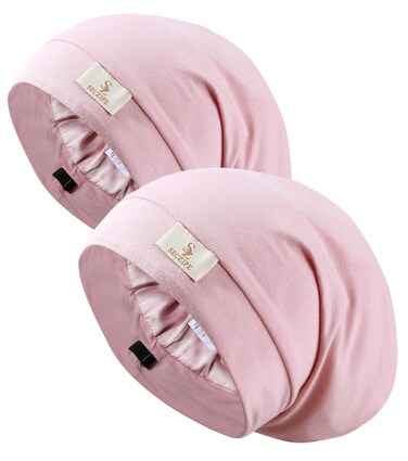 2pcs Silk Satin Bonnet Hair Wrap for Sleeping, Adjustable Strap Curly Natural Hair Night Caps for Women Men(Pink&amp;Pink)