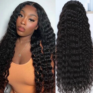 Wear and Go Glueless Wig 5x5 Deep Wave Lace Front Wigs Human Hair Pre Plucked Pre Cut 180% Density Glueless Wigs Human Hair for Women Natural Black 34 Inch
