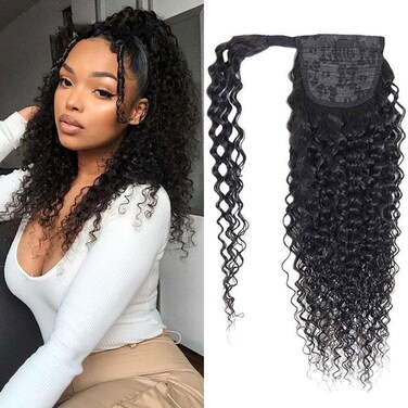 14 Inches Short Curly Hairpiece Wrap Around Ponytail Hair Piece with Clips Human Hair Ponytail Extensions 120g/set Magic Paste Binding Pony Tail Hairpiece for Black Women
