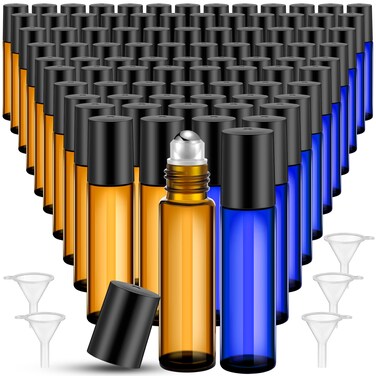 96 Pcs Essential Oil Roller Bottles 10ml Empty Glass Roller Bottles with Stainless Steel Balls Protection Leakproof with 5 Funnel for Travel Perfume Lip Gloss(Amber, Blue)