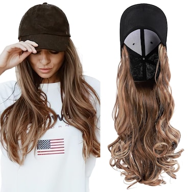 SEGO Baseball Cap with Hair Extensions for Women Heat Resistant Synthetic 16'' Adjustable Long Wavy Hairpiece Replacement Wigs in Hat for Girls