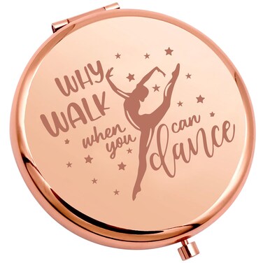 SEIRAA Dance Lover Gift Dancer Compact Makeup Mirror - Why Walk When You Can Dance - Unframed Stainless Steel Round Mirror - 2.55" - Travel Size