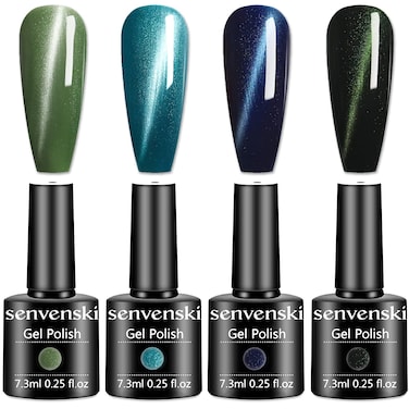 senvenski Magnetic Gel Nail Polish Cat Eye Army Green Navy Royal Blue Emerald Olive Teal Turquoise Glitter Gift Soak Off UV LED Nail Art Varnish Kit (MY004)