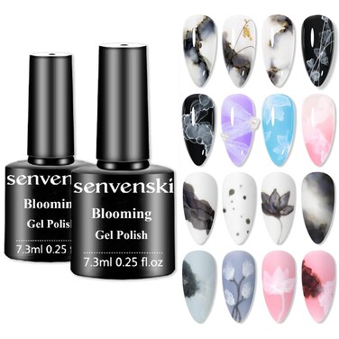 senvenski Blooming Gel Nail Polish Watercolor Marble Ink Black White Spreading Magic Blossom Effect Floral Flower Print Painting Nail Art Design Varnish (YR2-002)