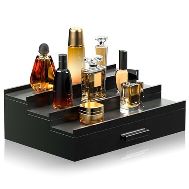 Sephyroth Cologne Organizer for Men 3 Tier of Elevated Cologne Display Shelf with Drawer Storage Perfume Organization and Storage Display Risers,Great Gift for Man(Black)