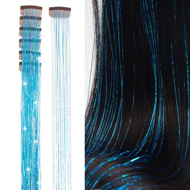 Clip-in Hair Tinsel Extensions Cyan Blue Highlights for Hair 20.5 Inch 6pcs Synthetic Hair Extensions for Party, Christmas, New Year, Halloween, Cosplay Multi-Colors (Cyan Blue)