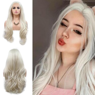 60# White Long Wavy Wig Synthetic Lace Front Wigs Heat Resistant Fiber Hairs for Women Daily Cosplay Use 24inches