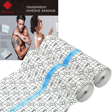 Serfeymi Tattoo Aftercare Waterproof Bandage Tattoo Cover Up Tape 6 Inch x 1.1 Yard x 2 Rolls Transparent Film Dressing Second Skin Bandage Tattoo Adhesive Wrap for Tattoo Healing Protection