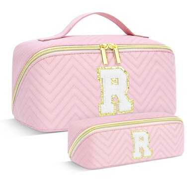 Personalized Initial Pink Makeup Bag   Trendy Large Capacity Cosmetic Bags Travel Toiletry Bag Teen Girls Women Girlfriend Teacher Gifts, Birthday Gifts Leather Waterproof Cute Makeup Bag Organizer R