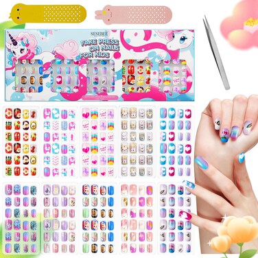 240Pcs Kids False Nail with Nail Glue Children Girls Press on short Nails No fading Stable Quick Stick on Cute Pre Glue Full Cover Acrylic Nail Tip Kit Gift for Kids Nail Decoration(Rainbow Unicorn）