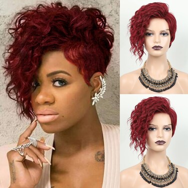 SEVENCOLORS Short Burgundy Curly Wigs for Black Women Wine Red Pixie Cut Wigs with Side Bangs Natural Wavy Synthetic Short Hair Wigs