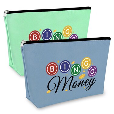 Sfodiary 2PCS Bingo Lover Gift for Women Makeup Bag Gambler Cosmetic Bag Casino Gambling Gift for Bingo Player Fans Funny Christmas Birthday Present Travel Cosmetic Pouch (Green&amp;Blue)