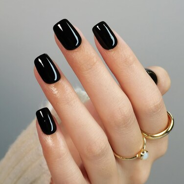 Soft Gel Press on Nails Square - SHANGMENG Black Press on Nails Short for Women Gift, Fit Perfectly &amp; Natural Stick on Nails with Glue in 16 Sizes - 32 Reusable Fake Nails, Classic Black