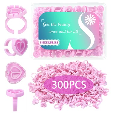 Lash Glue Rings 300pcs Glue Rings for Eyelash Extensions Disposable Lash Glue Holder Heart Shaped Lash Rings for Eyelash Extension Supplies with Storage Box