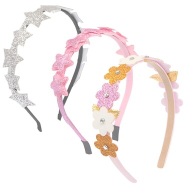 Glitter Headbands for Girls, 3 Pack Silver Star Pink Headband Little Girls Hair Accessories, Cute Toddler Headband Sparkly Hair Bands for Kids, Children, Teens, Women