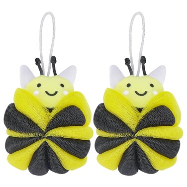 SHIDOW Bumble Bee Loofah, Cute Bath Sponges for Girls, Cartoon Animal Loofah Pouf Body Wash Scrubber Soft Mesh with Ribbon Loop for Shower for Women Girls (2 Pcs)