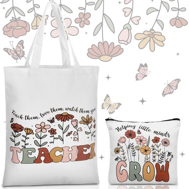 2 Pcs Teacher Appreciation Gifts Boho Flower Style Canvas Tote Makeup Bag Reusable Grocery Bags Birthday Gifts Thank You Presents for Women Teacher