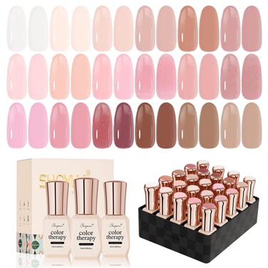 Jelly Pink Gel Nail Polish Set, 20 Colors Neutral Nude Pink Sheer Glitter White Color Soak Off UV Gel Kit with Base Gel Glossy Matte Top Coat DIY Manicure Gifts