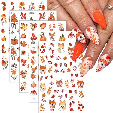 5 Sheets Autumn Nail Art Stickers Fall Maple Leaves 3D Self-Adhesive Pumpkin Nail Decals Maple Leaves Ginkgo Leaf Cute Fox Nut Nail Designs Thanksgiving Nail Supplies for Women Manicure Decorations
