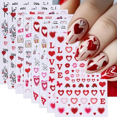 8Pcs Valentines Heart Nail Art Stickers Rose Sexy Lips Heart Nail Decals 3D Self-Adhesive Hollow Heart Pegatinas U&ntilde;as Red Gradient Love Heart Nail Design Bears Penguin Nail Decor for Women Girls
