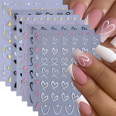 8 Sheets Heart Nail Stickers Valentine's Nail Art Stickers Love Hearts Nail Decals 3D Self-Adhesive Gold Black White Love Heart Designs Acrylic Nails DIY Manicure Decoration Kit for Women Girls