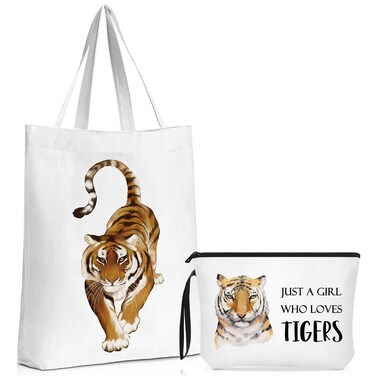 Sieral 2 Pcs Tiger Lover Gifts Set Include Canvas Tote Bag and Makeup Bag for Animal Lovers Just a Girl Who Loves Tigers Birthday Gifts for Daughter Sister Friends