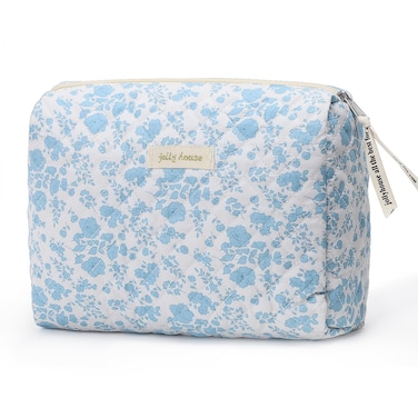 Sightor Cotton Makeup Bag, Kawaii Floral Cosmetic Bag Large Travel Toiletry Bag, Quilted Cosmetic Pouch for Women (Cerulean Blue)
