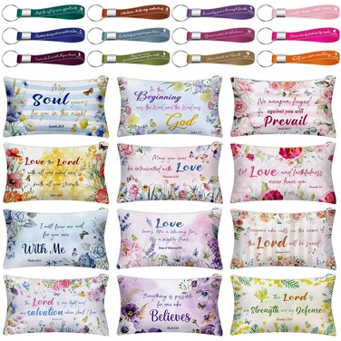 12 Pcs Makeup Bags Bulk with 12 Quote Keychains Inspirational Canvas Cosmetic Bags Positive Affirmation Bag Makeup Pouch Christian Gifts for Women Friend Employee(Bible Verse)