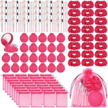 Pink Girl Party Favors Girl Makeup Party Favor Party Supplies Set Includes Pink Gauze Bags, Pink Hair Scrunchies, Foldable Mirror Hair Brushes, Makeup Brushes Toys (48 Pcs)