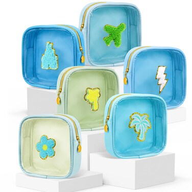 Silkfly 6 Pcs Preppy Patch Makeup Bag Mini Clear Chenille Letter Pouch Cute Cosmetic Bag with Zipper Small Transparent Toiletry Bags for Travel Women, 4.7 x 5.12 Inches(Fresh Colors,Style 3)