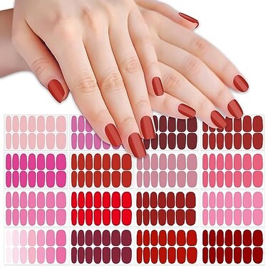SILPECWEE 16 Sheets Pink Red Nail Polish Stickers Full Nail Wraps for Women Stick on Nail Polish Strips Gel Nail Strips Solid Color Self Adhesive Fingernail Manicure Design with Nail File