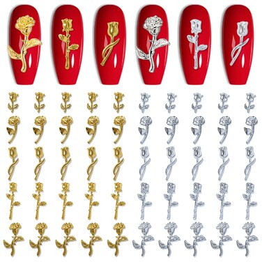 SILPECWEE 70pcs Rose Nail Charms 3D Charms for Nails Gold Silver Nail Flower Nail Jewels Nail Studs Nail Art Charms for Acrylic Nails Decoration DIY Nail Design Manicure Craft Jewelry Making
