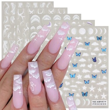 SILPECWEE 7 Sheets 5D Cloud Nail Stickers for Women Girl Kids French Stripe Star Butterfly Marble Nail Art Stickers White Nail Decals Self Adhesive Nail Designs Stickers Nail Decoration
