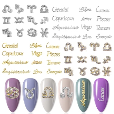 SILPECWEE 48pcs Zodiac Nail Charms 3D Gold Silver Zodiac Sign Charm Letter Nail Jewels Dangle Alloy Nail Art Charms Nail Rhinestones Charms for Nails Design Nail Art Decoration for Acrylic Nails
