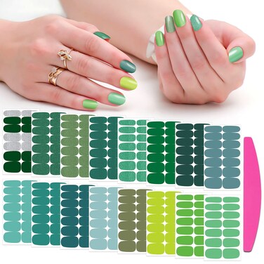 SILPECWEE Green Nail Wraps Spring Nail Polish Strips for Women Solid Color Self Adhesive Nail Polish Stickers Gel Nail Strips Fingernail Manicure Sticker with 1pc Nail File (16 Sheets)