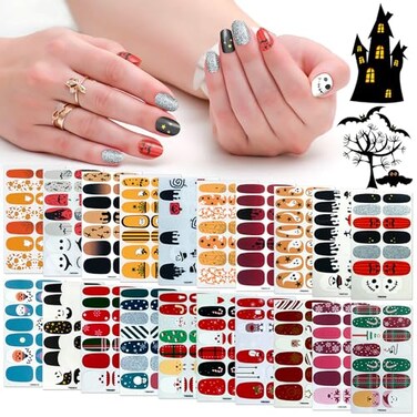 SILPECWEE 20 Sheets Nail Polish Stickers Halloween Christmas Nail Wraps Holiday Self Adhesive Nail Polish Strips for Women Press on Fingernails Manicure Stickers with 1pc Nail File