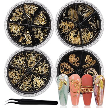 SILPECWEE 4 Boxes Gold Nail Charms Nail Jewels 3d Nail Art Charms Hollow Nail Studs Beads Charms For Nails Metal Chains Nail Art Decoration with Tweezers