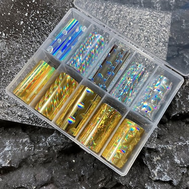 SILPECWEE 10 Rolls Aurora Metallic Nail Foil Gold Silver Nail Transfer Foil Nail Stickers Holographic Glass Paper Nail Art Foil Decals Fingernail Manicure Design for Women DIY Decoration