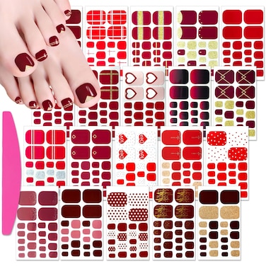 SILPECWEE 20 Sheets Toe Nail Polish Stickers Full Nail Wraps for Women, Leopard Print, Glitter, Plaid, Easy Application, Red, Nail Decals, Nail Strips