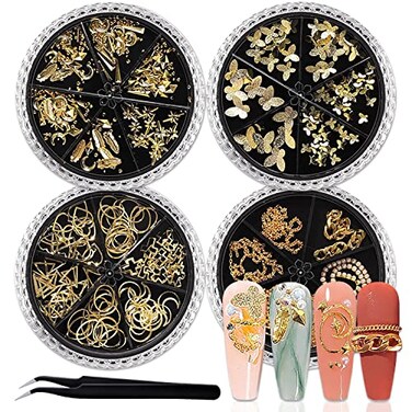 SILPECWEE 4 Boxes Nail Charms Nail Jewels 3d Nail Art Charms Metal Chain Beads Butterfly Nail Studs Nail Jewelry Nail Art Decoration with Tweezers